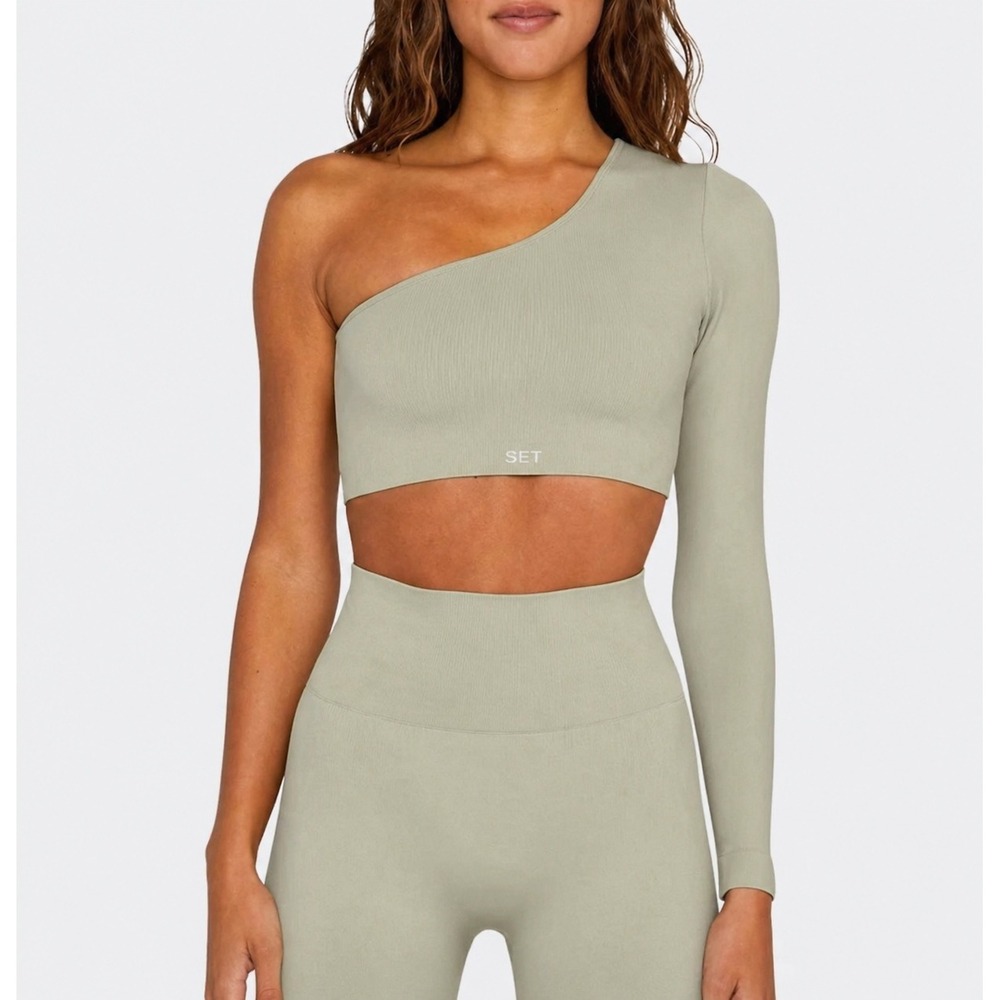 SET Active One-Shoulder Long Sleeve Crop Top in Sage Green
